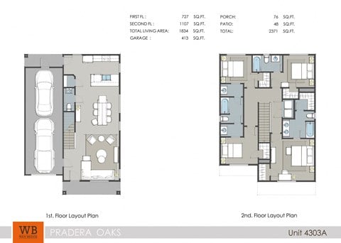 Floor plan for 4 beds, 3.5 baths, 1834 sqft